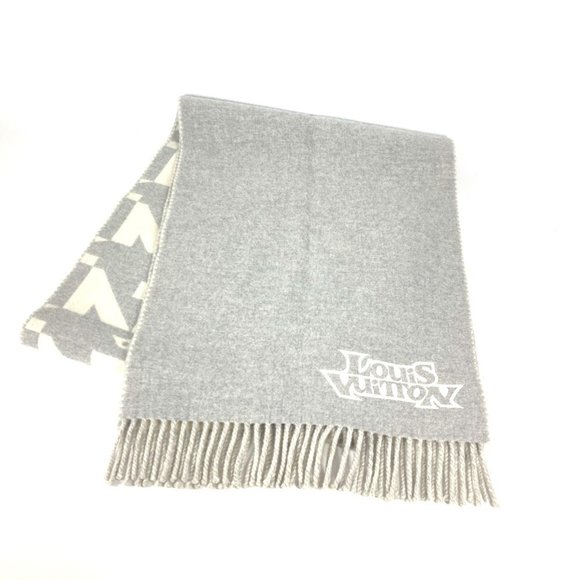 LOUIS VUITTON M78004 Fringe Scarf LV Dove Logo Wool Cashmere Men's Women's Grey - Picture 1 of 9